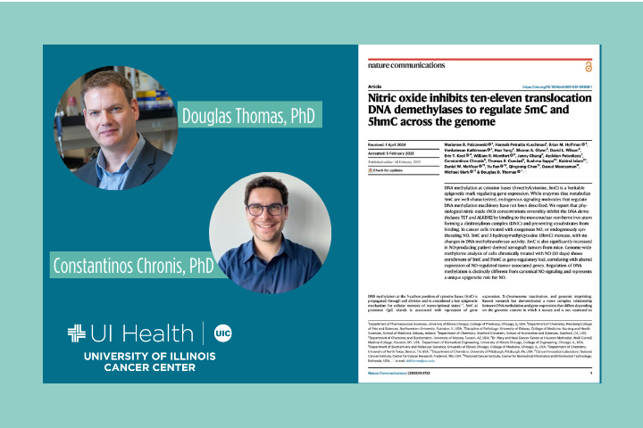 Photos of Cancer Center members Douglas Thomas, PhD, and Constantinos Chronis, PhD, and their Nature Communications publication.