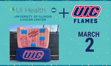 Image of a tabletop inflatatble colon to be used at a March 2 UIC Flames men's basketball game during Colorectal Cancer Awareness Month in March.