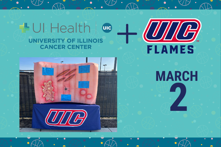 Image of a tabletop inflatatble colon to be used at a March 2 UIC Flames men's basketball game during Colorectal Cancer Awareness Month in March.