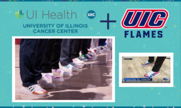 Image of painted sneakers on coaches' feet at UIC Flames men's basketball Coaches vs. Cancer game.