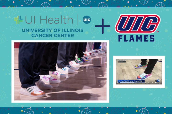 Image of painted sneakers on coaches' feet at UIC Flames men's basketball Coaches vs. Cancer game.