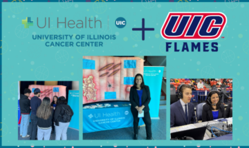 Image of Shikha Jain, MD, FACP, doing colorectal cancer awareness at UIC Flames game.