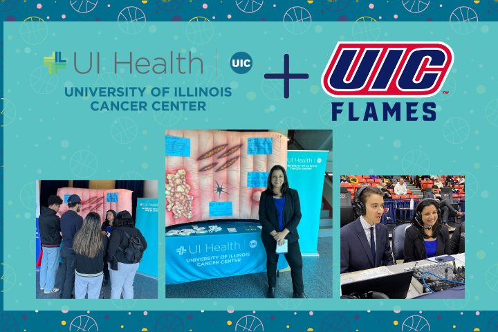 Image of Shikha Jain, MD, FACP, doing colorectal cancer awareness at UIC Flames game.