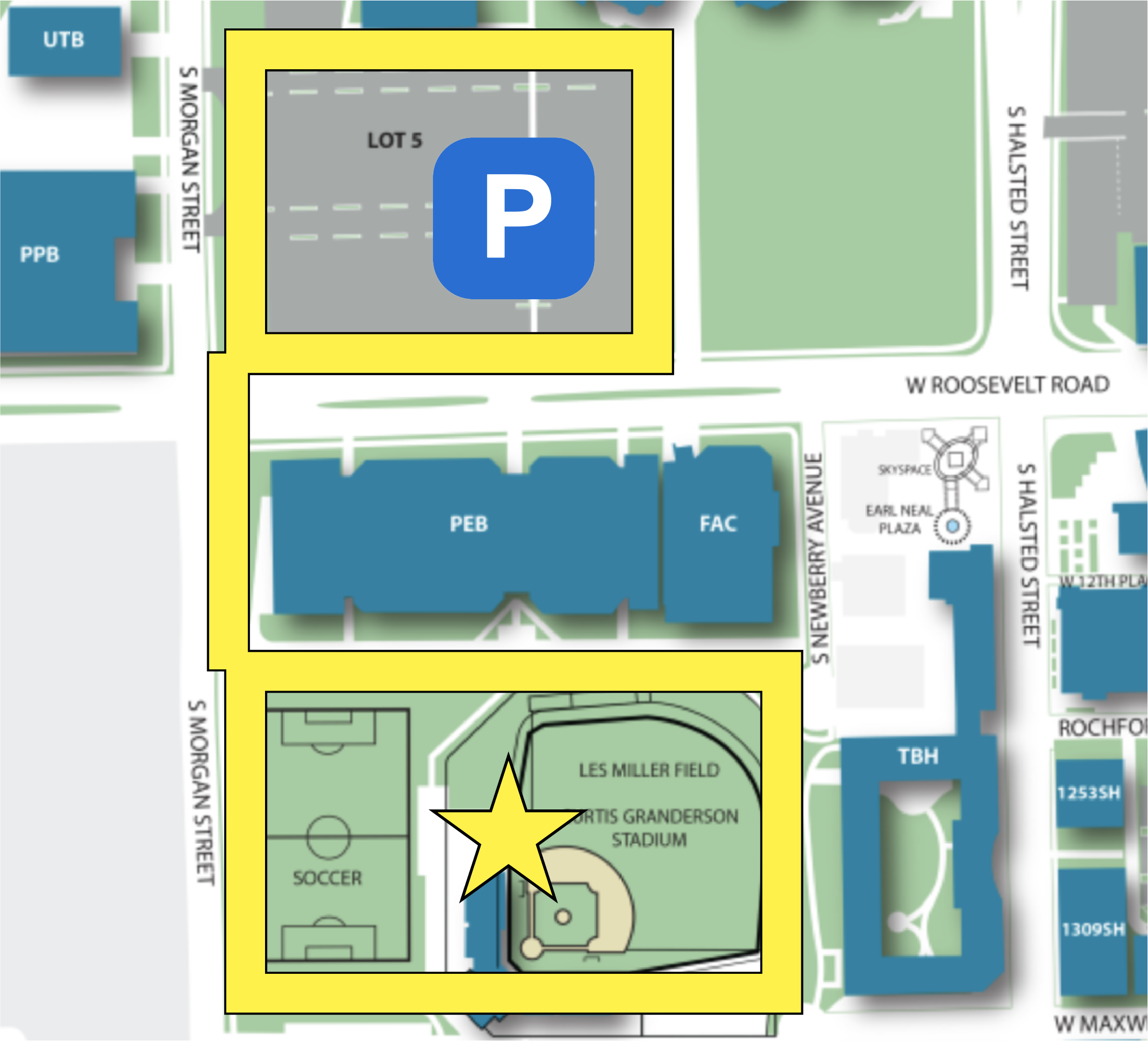 Map showing the location of the 5K at Curtis Granderson Stadium, UIC
