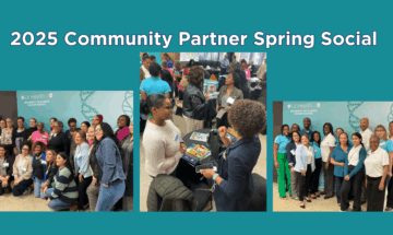 Images from the 2025 Community Partner Spring Social of people posing for pictures and talking.