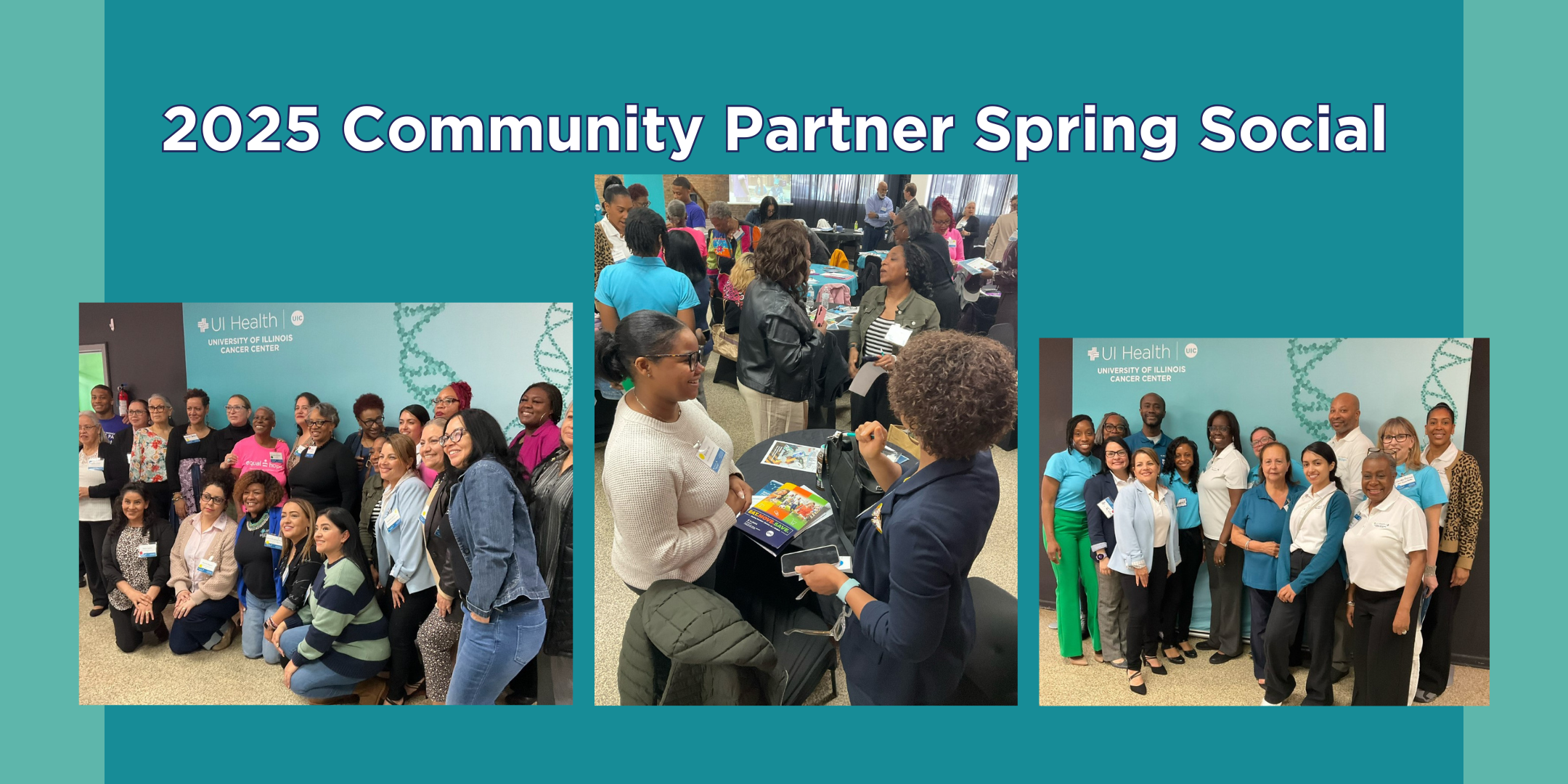 Images from the 2025 Community Partner Spring Social of people posing for pictures and talking.