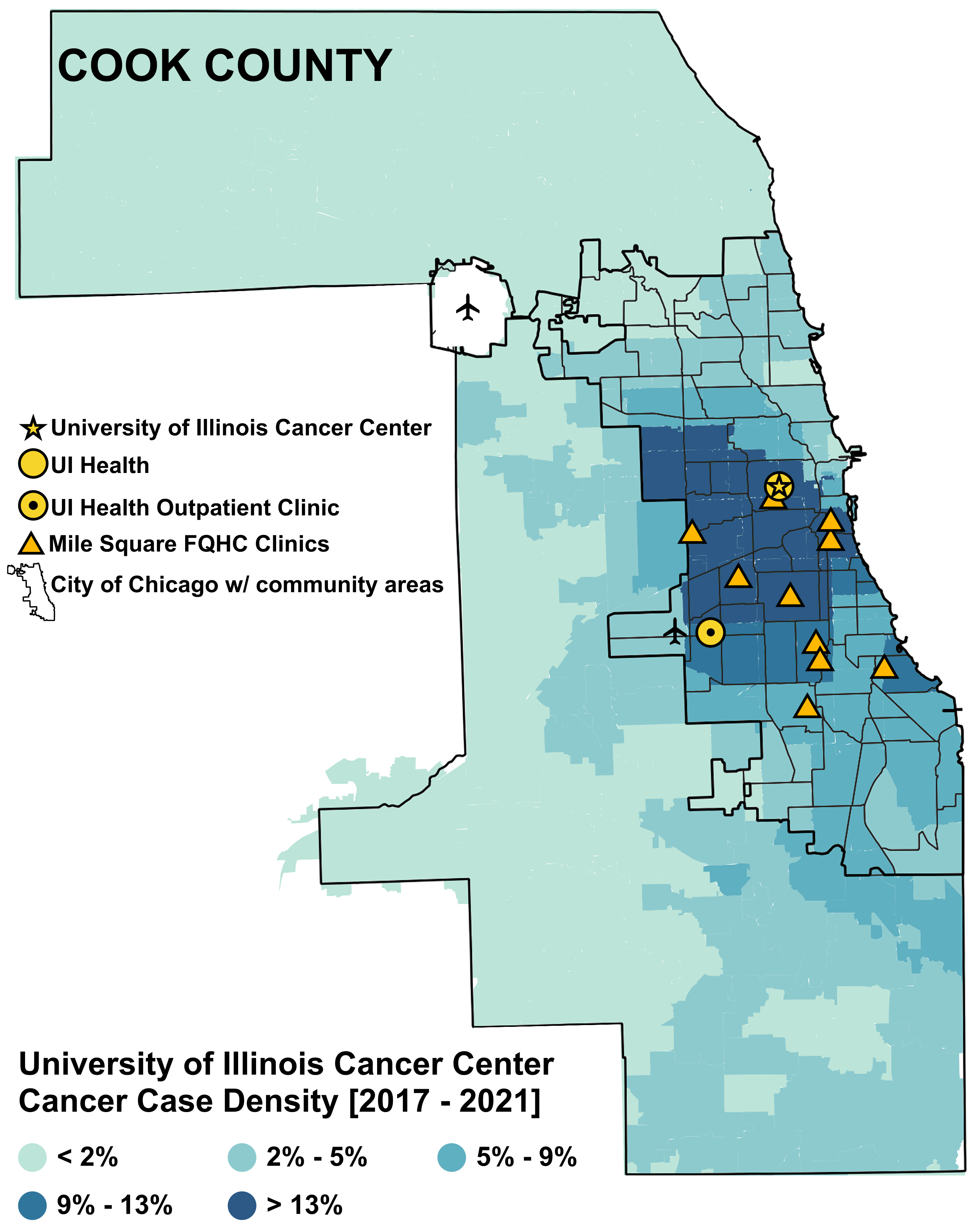 A map showing the Cancer Center's catchment area, which is Cook County, Illinois. The map shows our location and the locations os UI Health, Mile Square Outpatient Clinics and Federally Qualified Health Centers, and the City of Chicago Community Areas. The darkest areas show the highest densities of cancer cases which are across several community areas of Chicago.