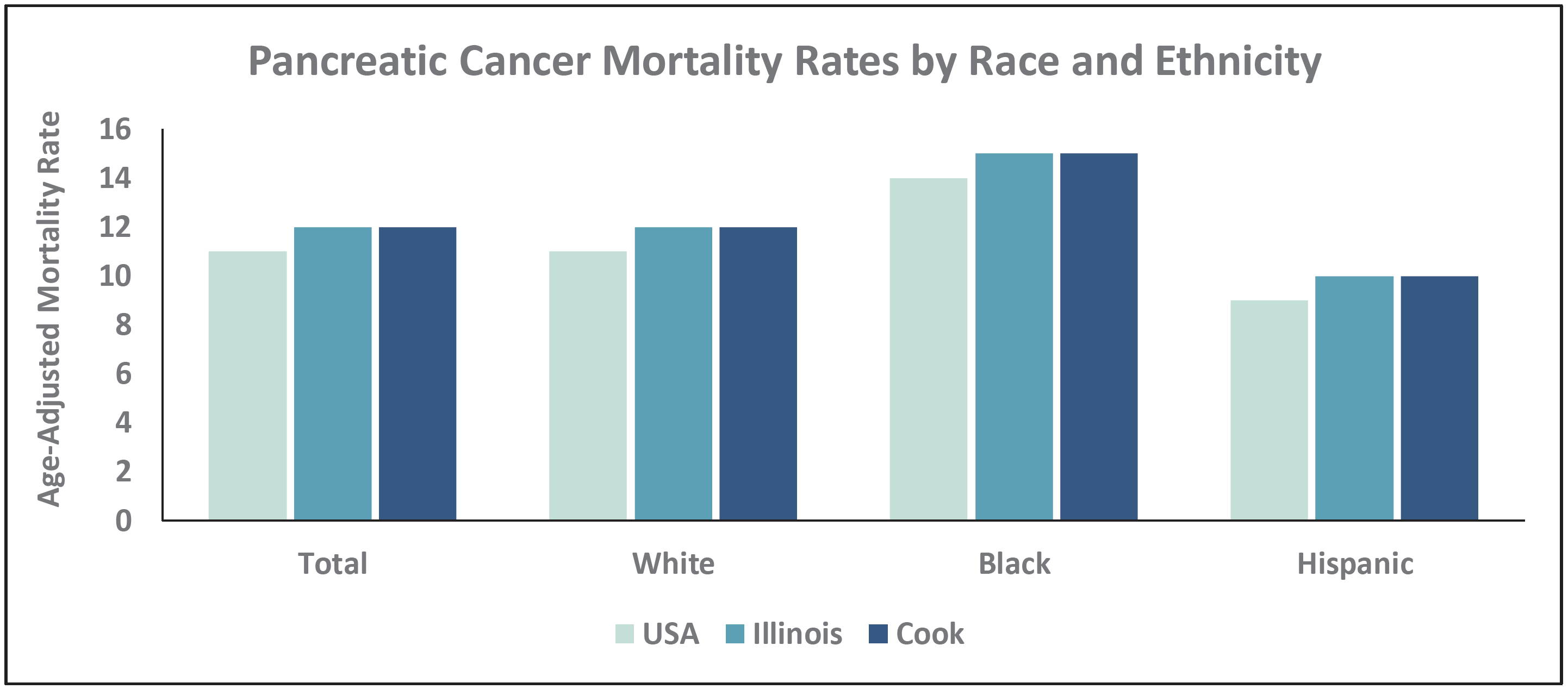 A bar chart showing the Pancreatic Cancer Mortality Rates by Race and Ethnicity between the USA, Illinois, and Cook County